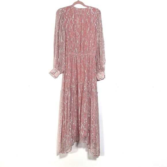 Ramy Brook Ora Metallic Print Maxi Dress Sz SP Pink Long Sleeve Crossover V-Neck - Picture 9 of 16